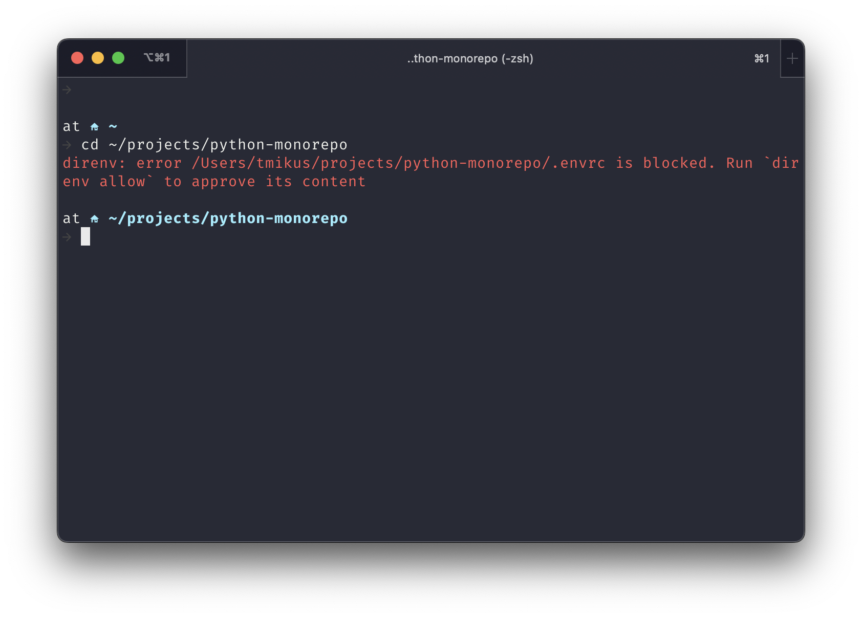 direnv: error python-monorepo/.envrc is blocked. Run `direnv allow` to approve its content